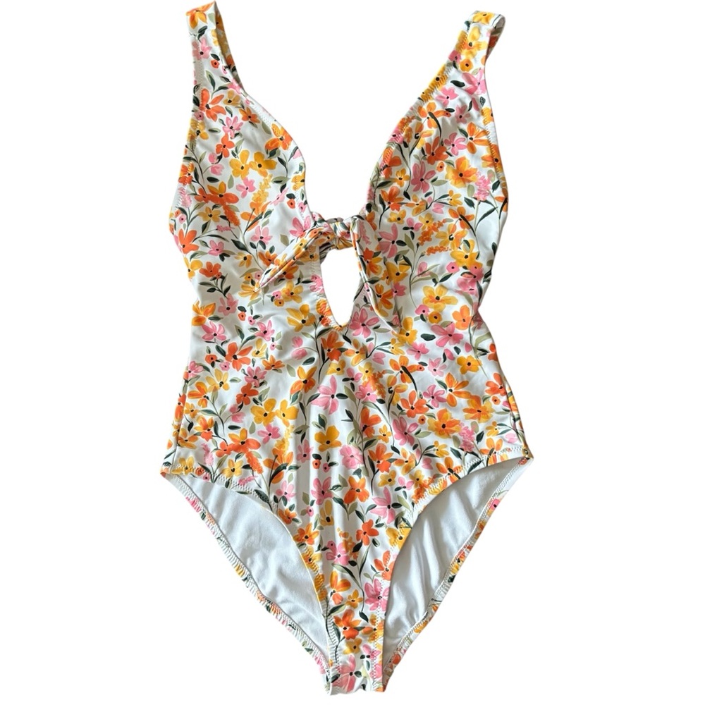 Jessica Simpson Swimsuit Floral Tie Back Deep Plunge Front High Cut Leg Small
